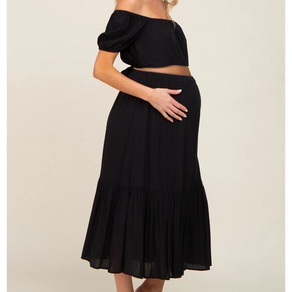 Black Crop Top And Skirt Two Piece Maternity Set - Picture 1 of 4